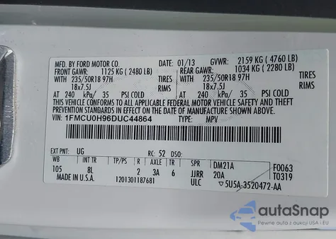 2013 Ford Escape Sel from USA, damaged, VIN 1FMCU0H96DUC44864